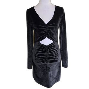 Abercrombie & Fitch Black Velvet Ruched Cutout Bodycon Mini Dress Long Sleeve